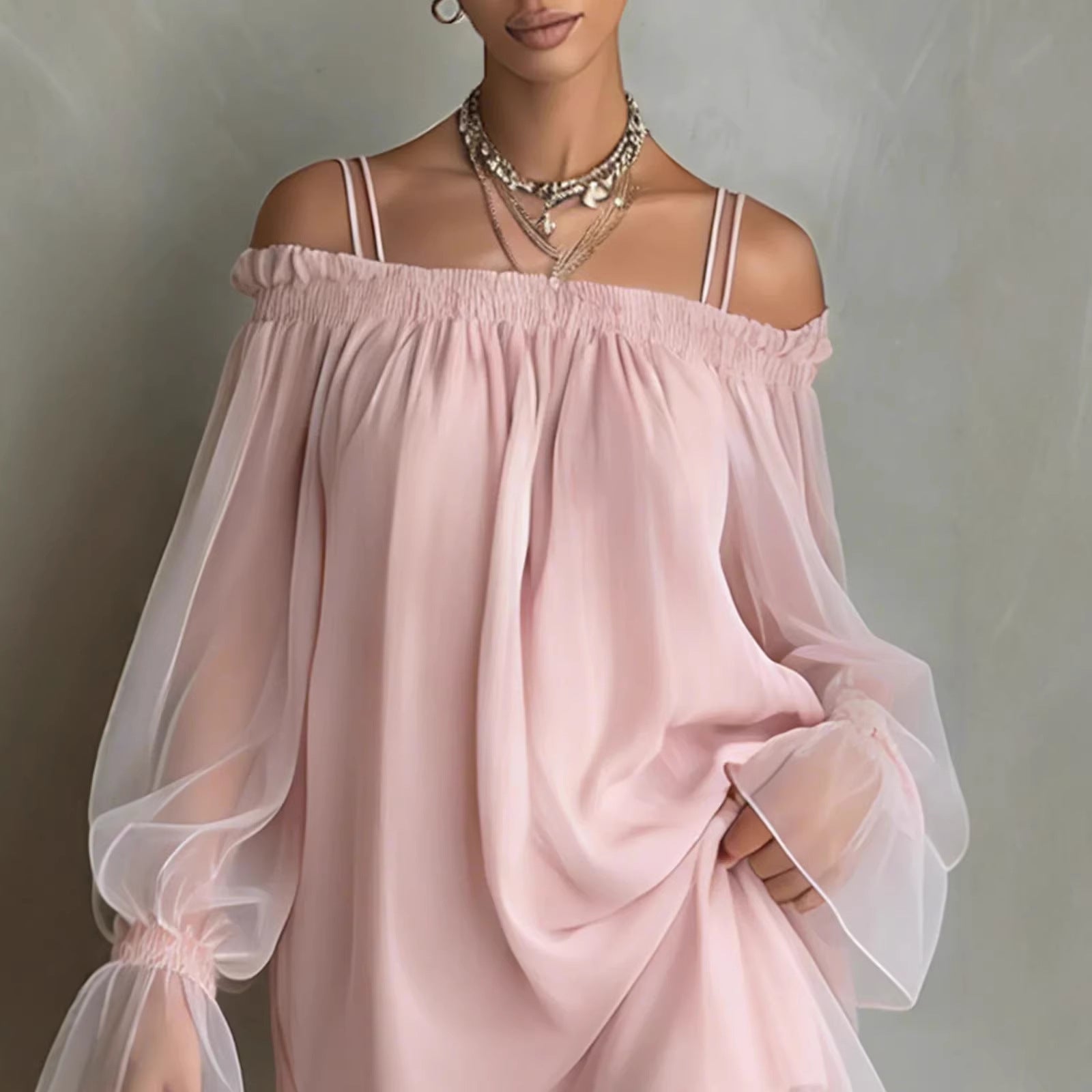 Sexy Sweet Double Strap Vestidos Off Shoulder Dress For Women Vestido Fairy Mini Loose Dresses Summer New Sheer Mesh Long Sleeve