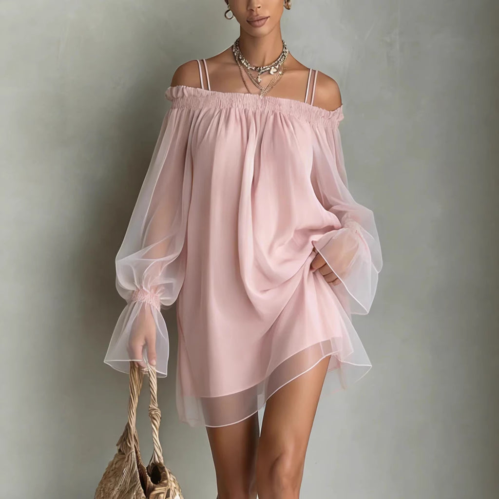 Sexy Sweet Double Strap Vestidos Off Shoulder Dress For Women Vestido Fairy Mini Loose Dresses Summer New Sheer Mesh Long Sleeve