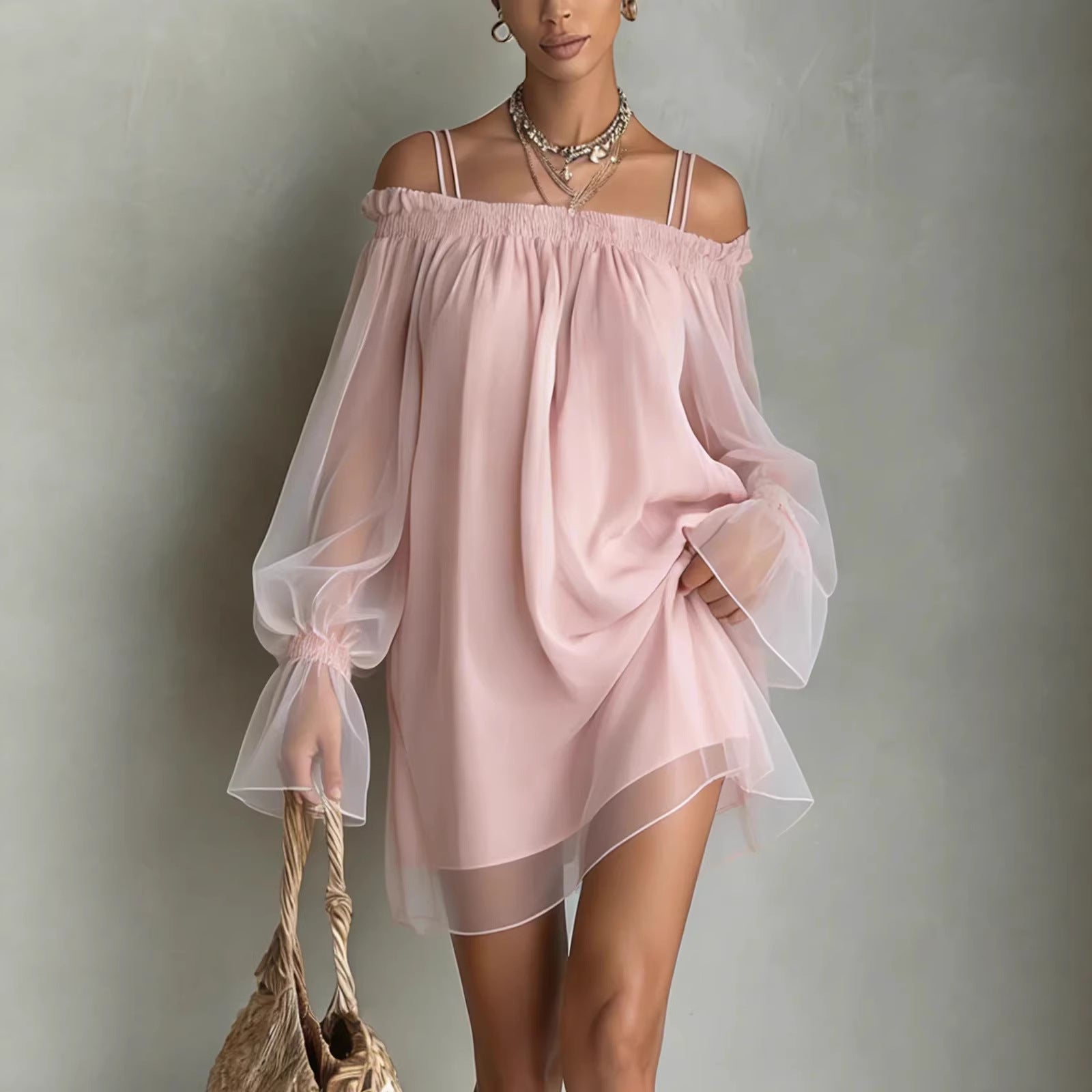 Sexy Sweet Double Strap Vestidos Off Shoulder Dress For Women Vestido Fairy Mini Loose Dresses Summer New Sheer Mesh Long Sleeve