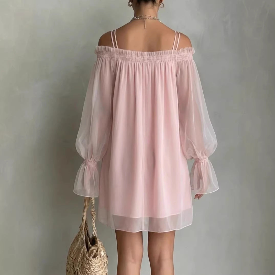 Sexy Sweet Double Strap Vestidos Off Shoulder Dress For Women Vestido Fairy Mini Loose Dresses Summer New Sheer Mesh Long Sleeve