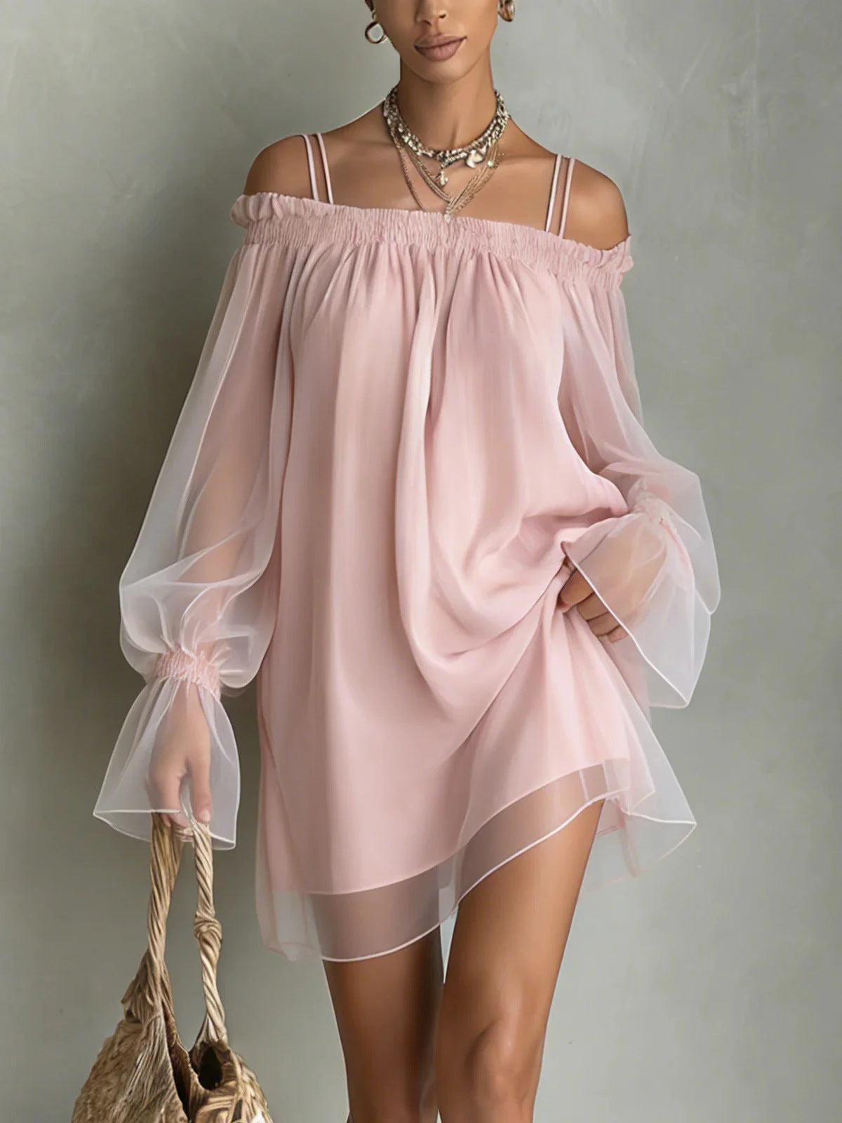 Sexy Sweet Double Strap Vestidos Off Shoulder Dress For Women Vestido Fairy Mini Loose Dresses Summer New Sheer Mesh Long Sleeve